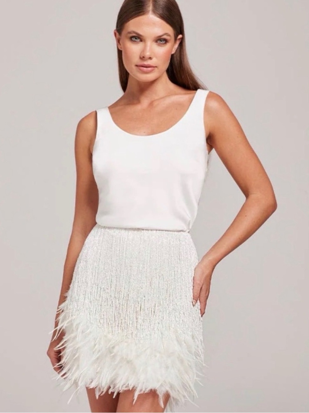 Nadine Merabi White Feather Hem Mini Skirt - Elegant Party Skirt